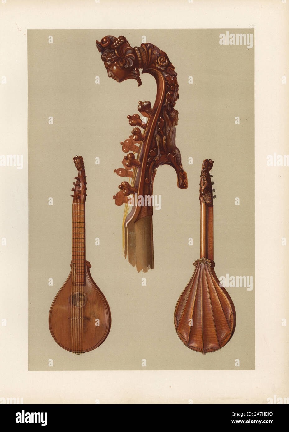 Rare cetera or cither with carved head made by famous violin-maker Antonius Stradivarius in 1700. Chromolithograph from an illustration by William Gibb from A.J. Hipkins' 'Musical Instruments, Historic, Rare and Unique,' Adam and Charles Black, Edinburgh, 1888. Alfred James Hipkins (1826-1903) was an English musicologist who specialized in the history of the pianoforte and other instruments. William Gibb was a master illustrator and chromolithographer and illustrated 'The Royal House of Stuart' (1890), 'Naval and Military Trophies' (1896), and others. Stock Photo