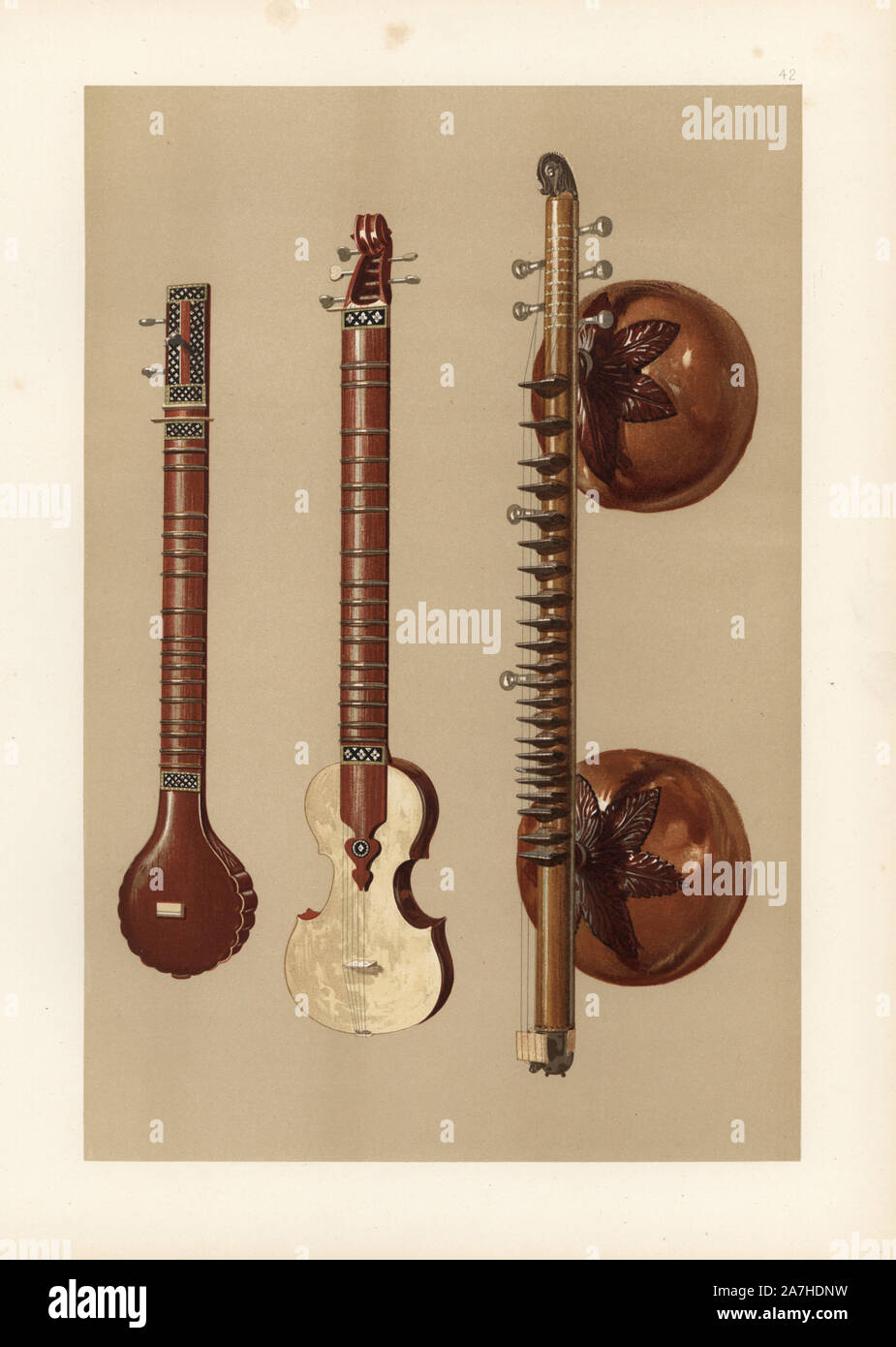 Indian sitars and a vina with large soundboxes. Chromolithograph from an illustration by William Gibb from A.J. Hipkins' 'Musical Instruments, Historic, Rare and Unique,' Adam and Charles Black, Edinburgh, 1888. Alfred James Hipkins (1826-1903) was an English musicologist who specialized in the history of the pianoforte and other instruments. William Gibb was a master illustrator and chromolithographer and illustrated 'The Royal House of Stuart' (1890), 'Naval and Military Trophies' (1896), and others. Stock Photo