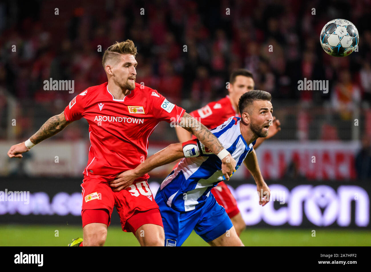 Berlin, Germany. 2nd Nov, 2019. Robert Andrich (L) of Union Berlin vies with Vedad Ibisevic of Hertha during their German Bundesliga match in Berlin, capital of Germany, on Nov. 2, 2019. Credit: Kevin Voigt/Xinhua/Alamy Live News Stock Photo