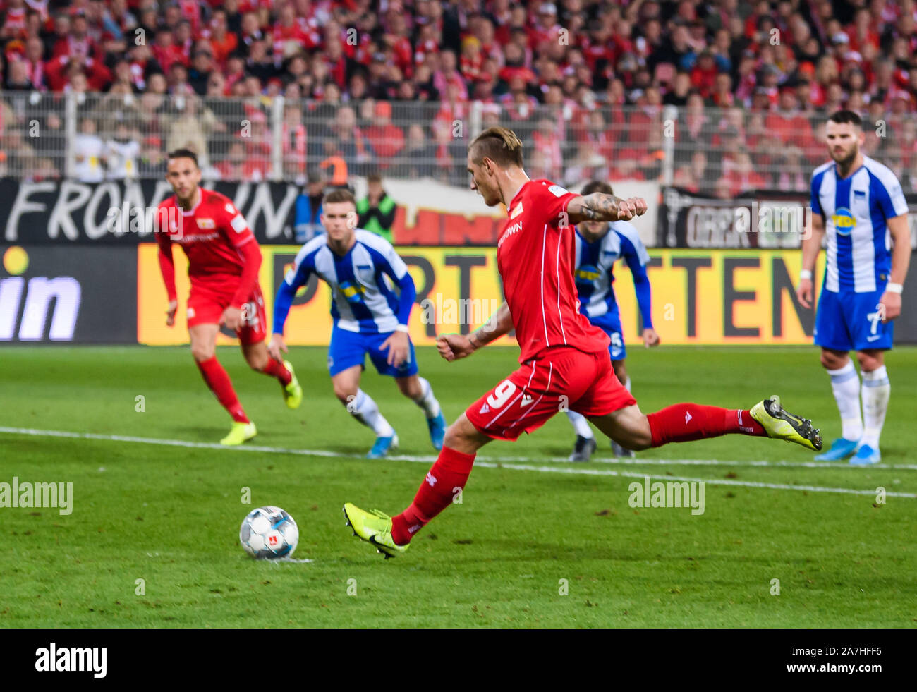 Berlin, Germany. 2nd Nov, 2019. Sebastian Polter of Union Berlin takes a scoring penalty kick during the German Bundesliga match against Hertha BSC in Berlin, capital of Germany, on Nov. 2, 2019. Credit: Kevin Voigt/Xinhua/Alamy Live News Stock Photo