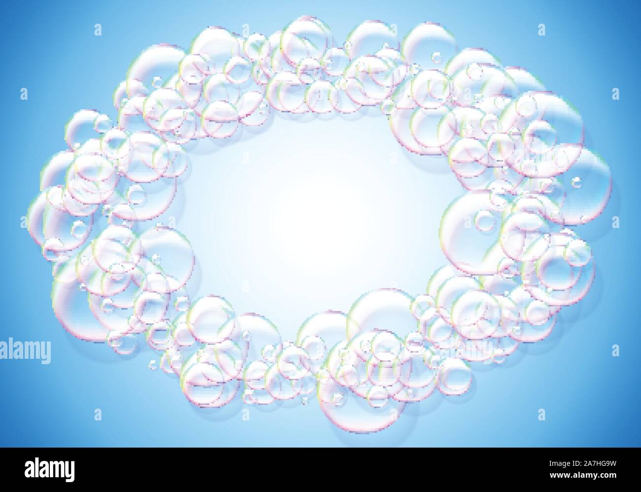 Soap bubbles abstract blue background with rainbow colored airy foam ...