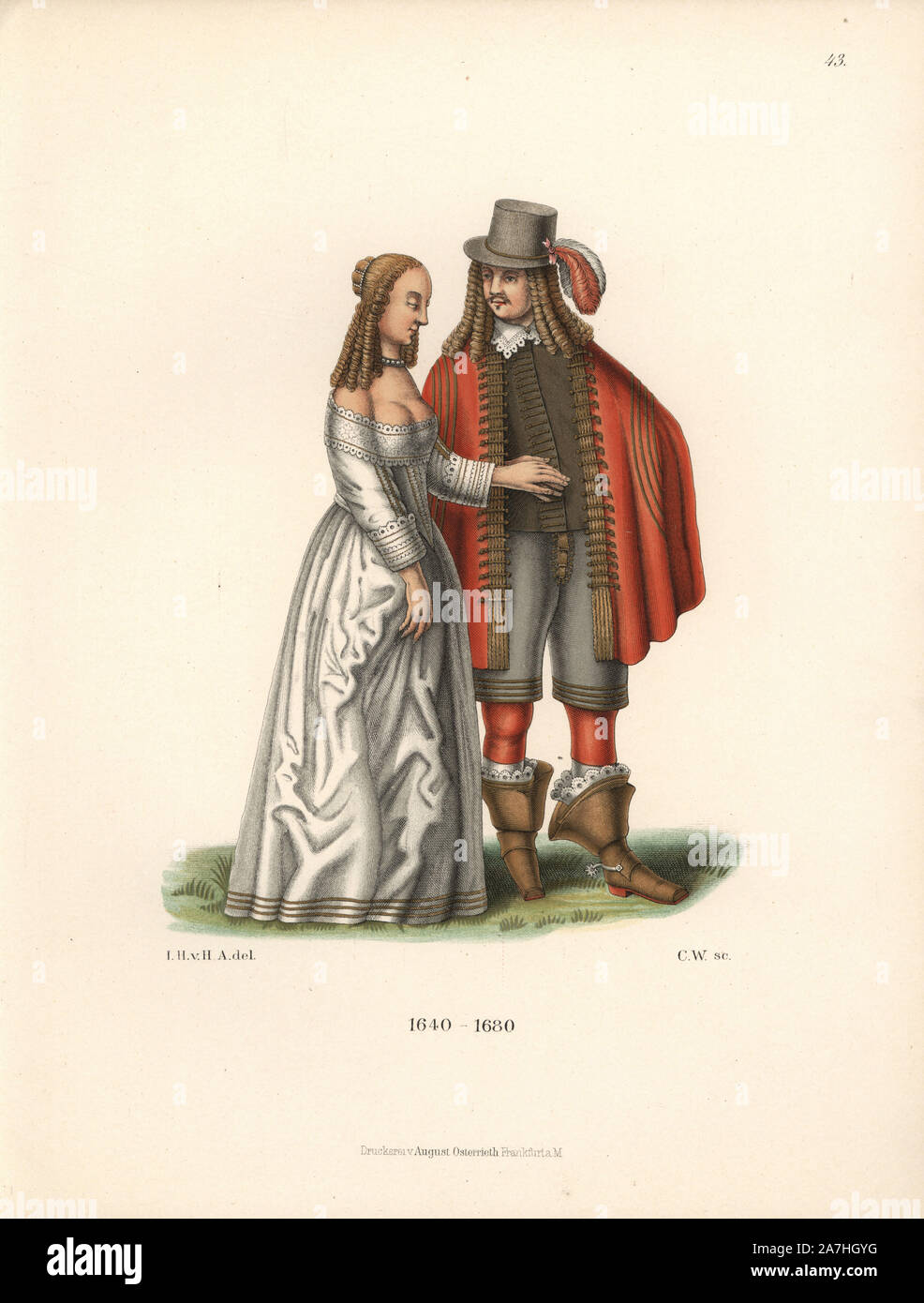 Dutch couple in fashions of the end of the 30 Years War, from an oil painting of a pleasure garden by Palamedes Steevens. Chromolithograph from Hefner-Alteneck's 'Costumes, Artworks and Appliances from the Middle Ages to the 17th Century,' Frankfurt, 1889. Illustration by Dr. Jakob Heinrich von Hefner-Alteneck, lithograph by CW and published by Heinrich Keller. Dr. Hefner-Alteneck (1811 - 1903) was a German curator, archaeologist, art historian, illustrator and etcher. Stock Photo