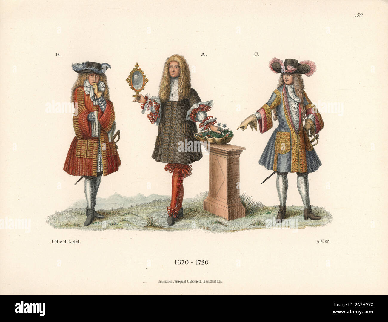 Noblemen of the late 17th century. The man in the middle is King Louis XIV of France, the Sun King, from an oil painting on alabaster in Heidelberg. The other men are French cavaliers from the reign of Louis XVI. Chromolithograph from Hefner-Alteneck's 'Costumes, Artworks and Appliances from the Middle Ages to the 18th Century,' Frankfurt, 1889. Illustration by Dr. Jakob Heinrich von Hefner-Alteneck, lithograph by A. Volkert and published by Heinrich Keller. Dr. Hefner-Alteneck (1811 - 1903) was a German curator, archaeologist, art historian, illustrator and etcher. Stock Photo