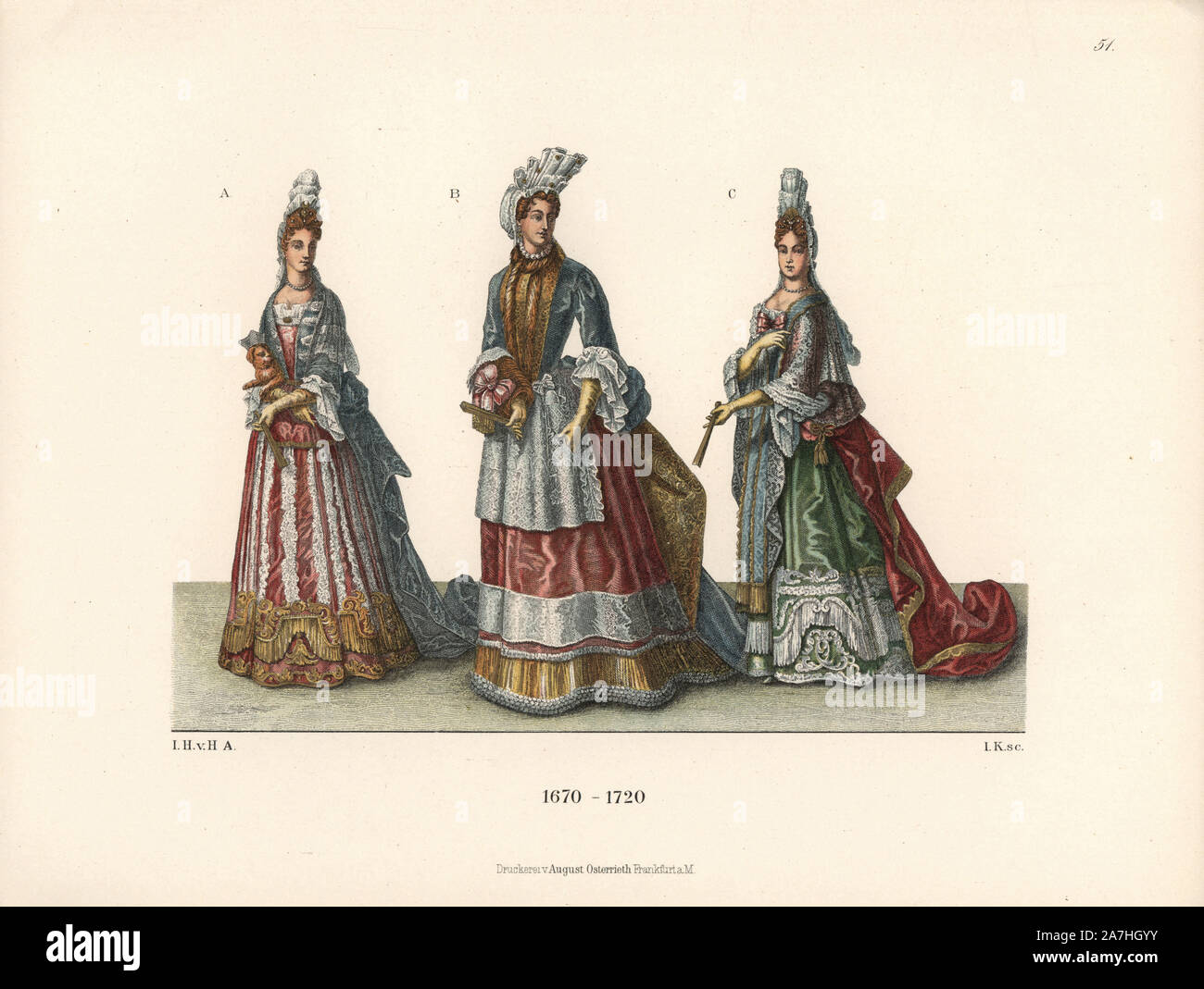 Noblewomen from the late 17th century from prints of the period. Archduchess of Austria, daughter of Leopold I (B), and French courtiers from the court of King Louis XIV. Chromolithograph from Hefner-Alteneck's 'Costumes, Artworks and Appliances from the Middle Ages to the 18th Century,' Frankfurt, 1889. Illustration by Dr. Jakob Heinrich von Hefner-Alteneck, lithograph by Joh. Klipphahn and published by Heinrich Keller. Dr. Hefner-Alteneck (1811 - 1903) was a German curator, archaeologist, art historian, illustrator and etcher. Stock Photo