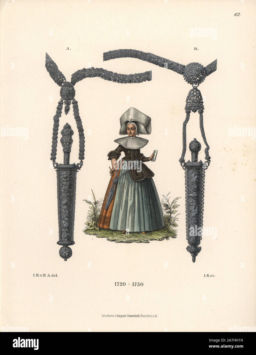 Woman from Augsburg in mid 18th century fashion wearing a silver cutlery case from her waist, and a high hat with large lace ruff, and details of silver knife cases. Chromolithograph from Hefner-Alteneck's 'Costumes, Artworks and Appliances from the Middle Ages to the 18th Century,' Frankfurt, 1889. Illustration by Dr. Jakob Heinrich von Hefner-Alteneck, lithographed by Joh. Klipphahn, and published by Heinrich Keller. Dr. Hefner-Alteneck (1811 - 1903) was a German museum curator, archaeologist, art historian, illustrator and etcher. Stock Photo