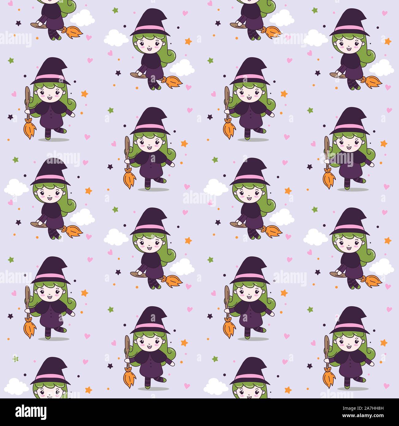 Cute Witch Girl with Fly Broom seamless pattern vector illustration ...
