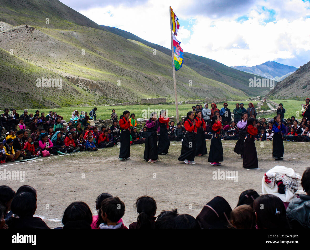 Tibetian- Chinese traditional festival with cultural dance during head monk selection in monastery in Dho Tarap, Dolpa, Nepal- Tibet Border. Stock Photo