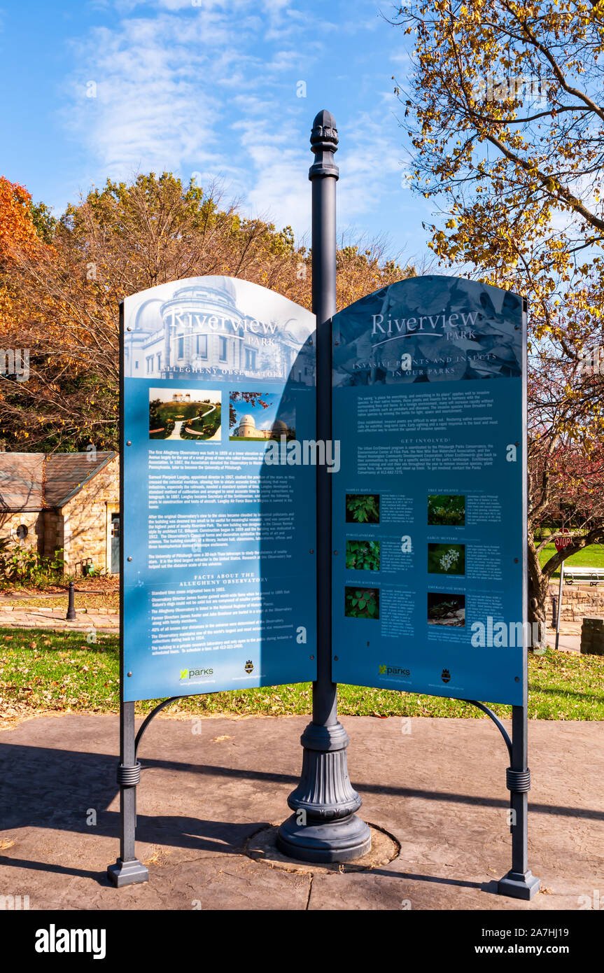An information sign in Riverview Park on the north side of the city in autumn, Pittsburgh, Pennsylvania, USA Stock Photo