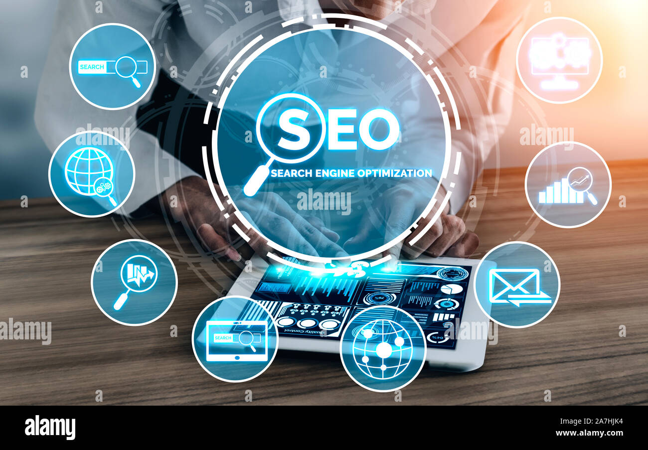 Seo Search Engine Optimization For Online Marketing Concept Modern Graphic Interface Showing Symbol Of Keyword Research Website Promotion By Optimi Stock Photo Alamy