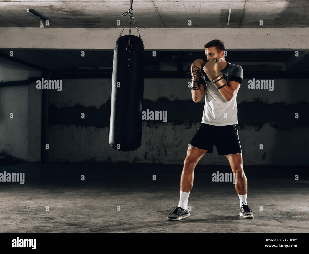 Young muscle boxer using a punching bag in gym. Boxer hitting punching