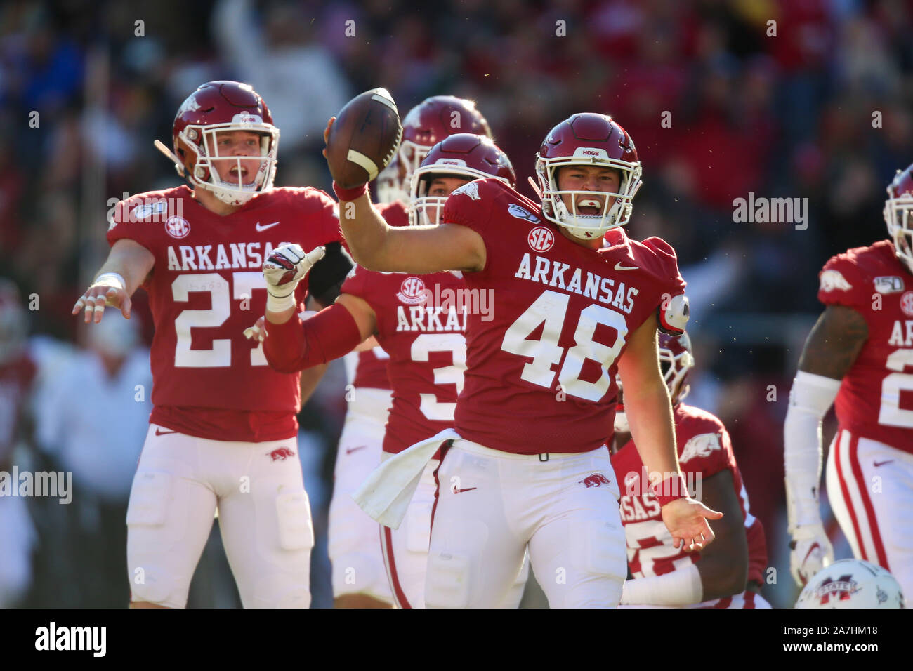 Jordan Fanning Razorback November 2, 2019: Razorback long snapper Jordan Silver #48 celebrates ...