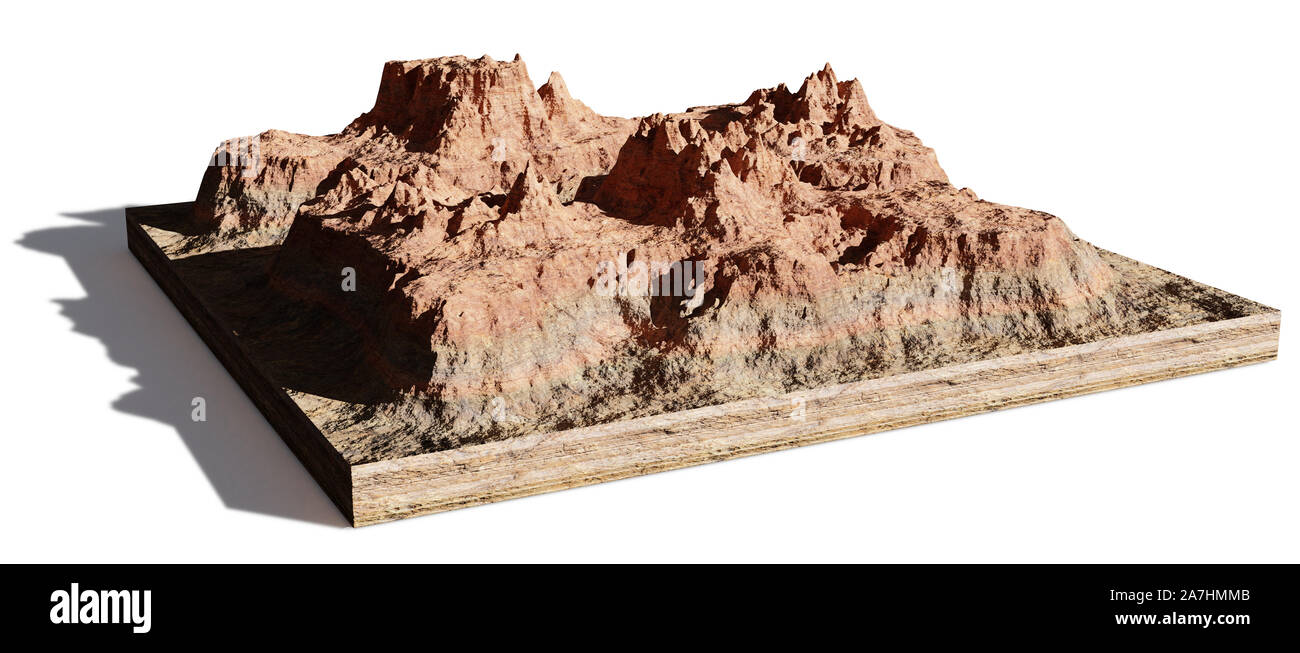 model of a cross section of a desert mountain, mesa isolated with shadow on white background Stock Photo