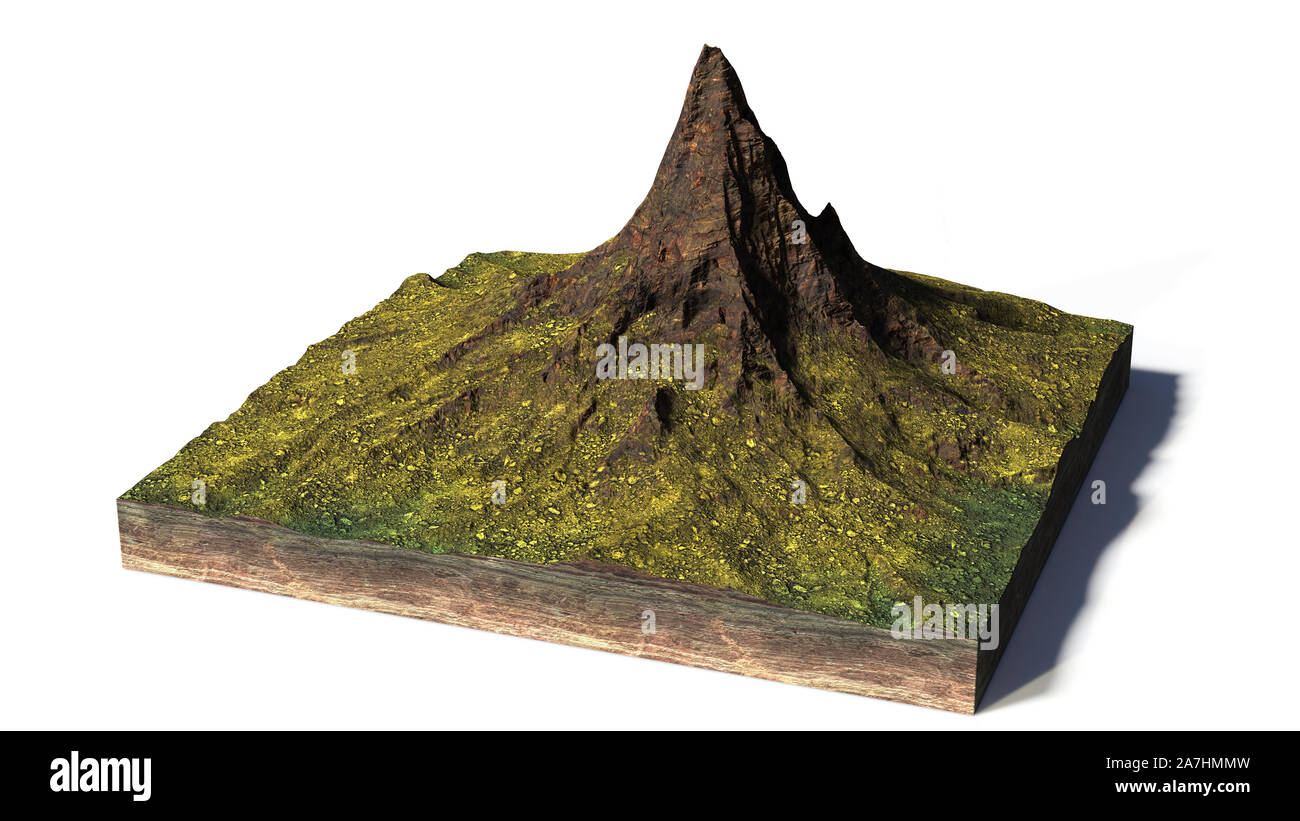 model of a cross section of ground with high mountain (3d render, isolated with shadow on white background) Stock Photo
