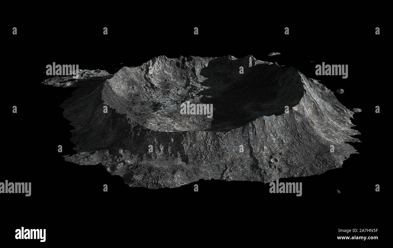 crater on the surface of the Moon, terrain model isolated on black background Stock Photo