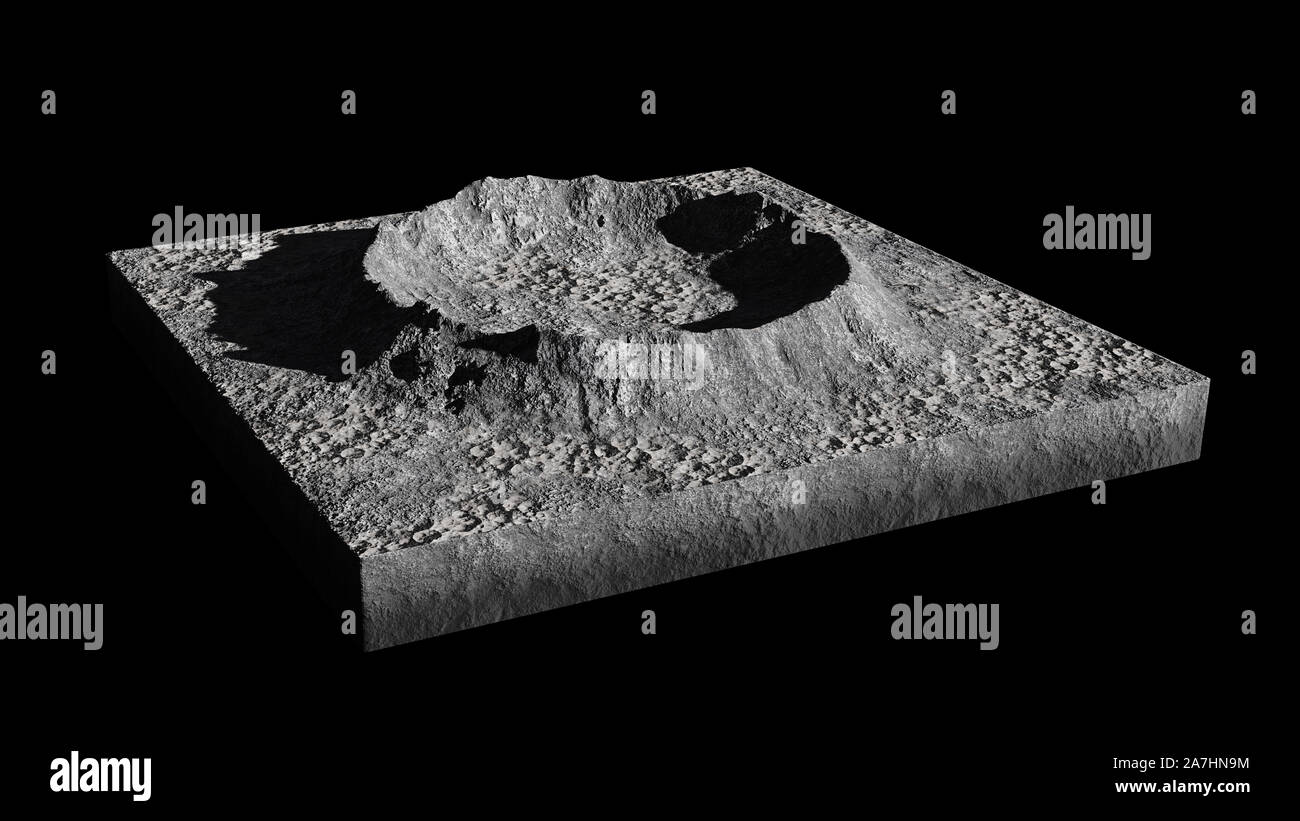 cross section of crater on the surface of the Moon, isolated on black background Stock Photo