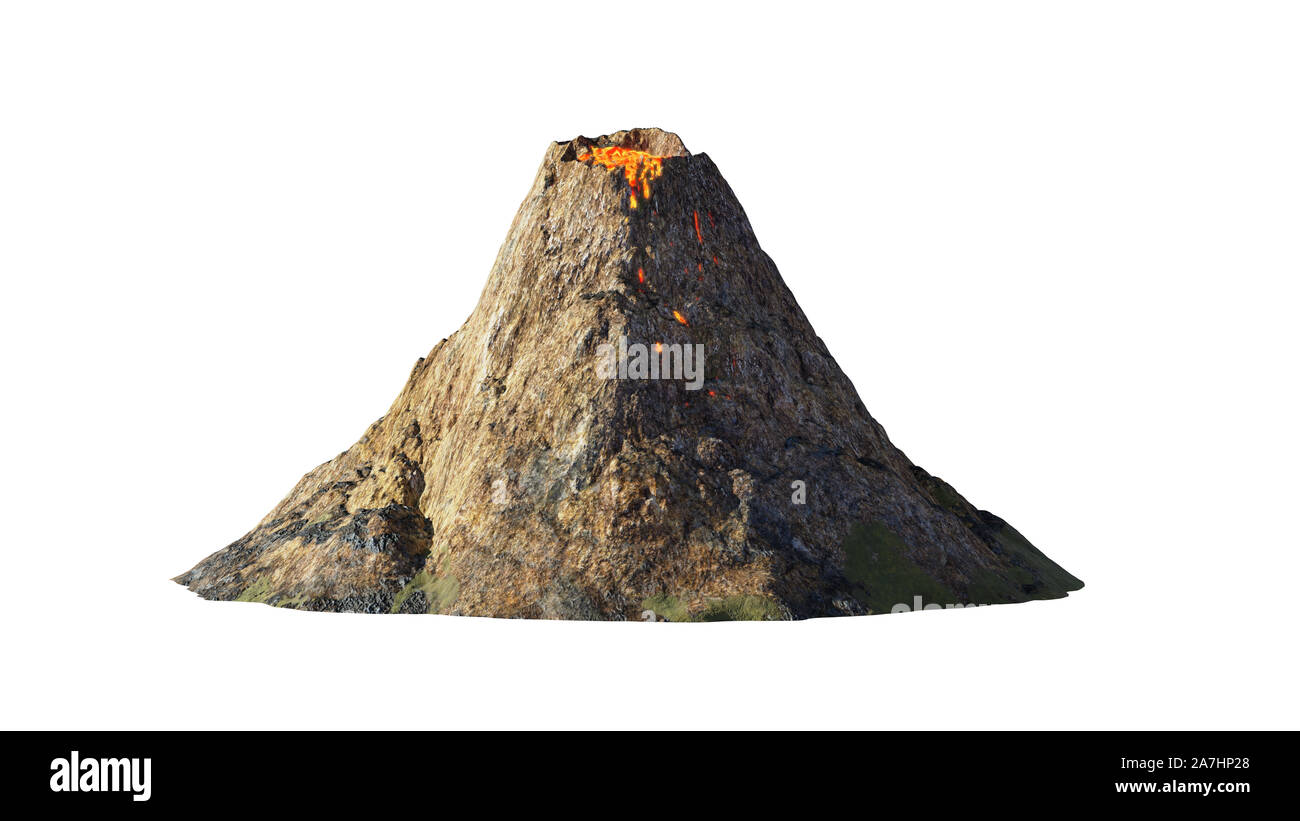 volcanic eruption, lava coming down a volcano, isolated on white background Stock Photo