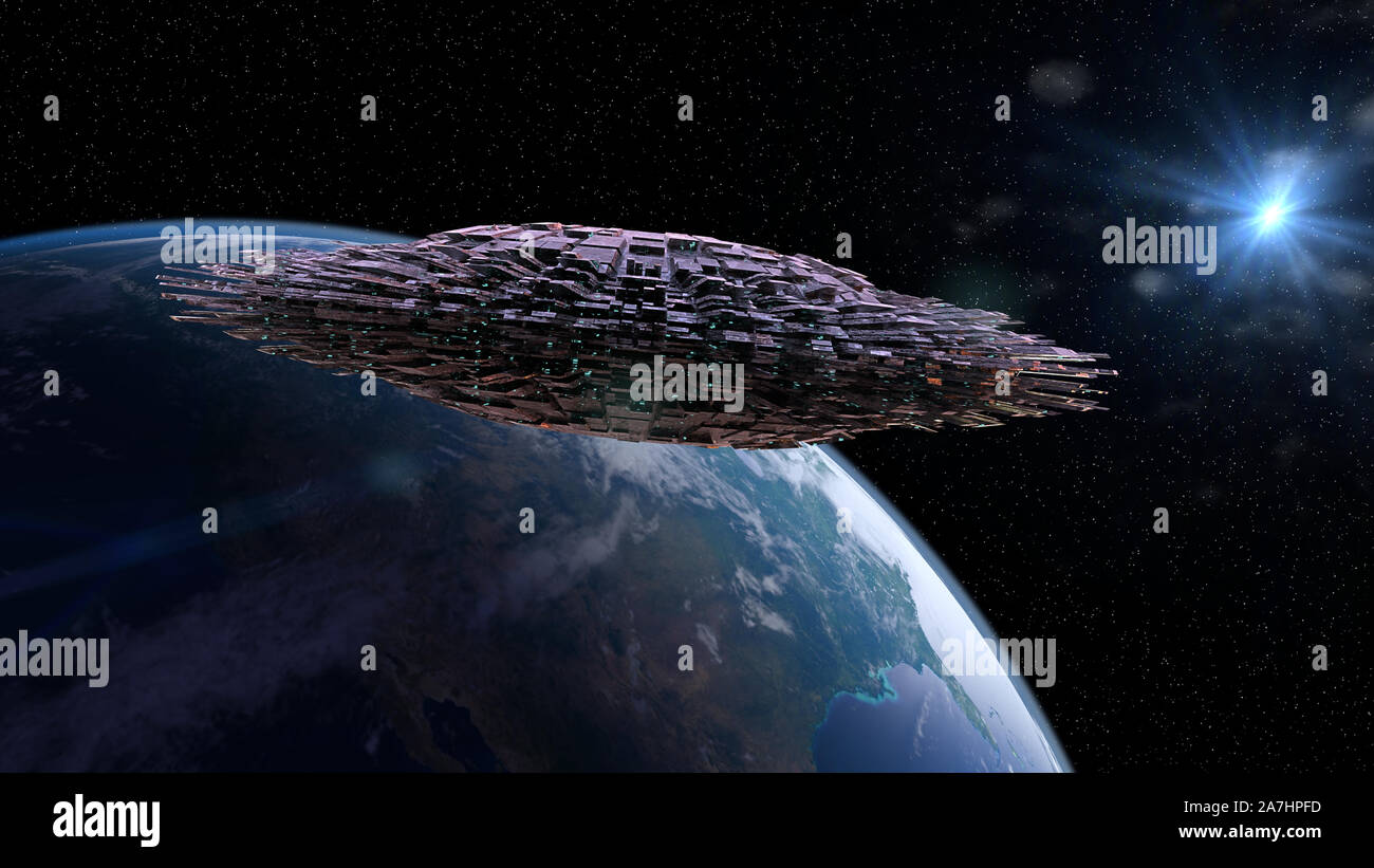 UFO, alien spaceship in orbit of planet Earth, extraterrestrial visitors from outer space in flying saucer Stock Photo