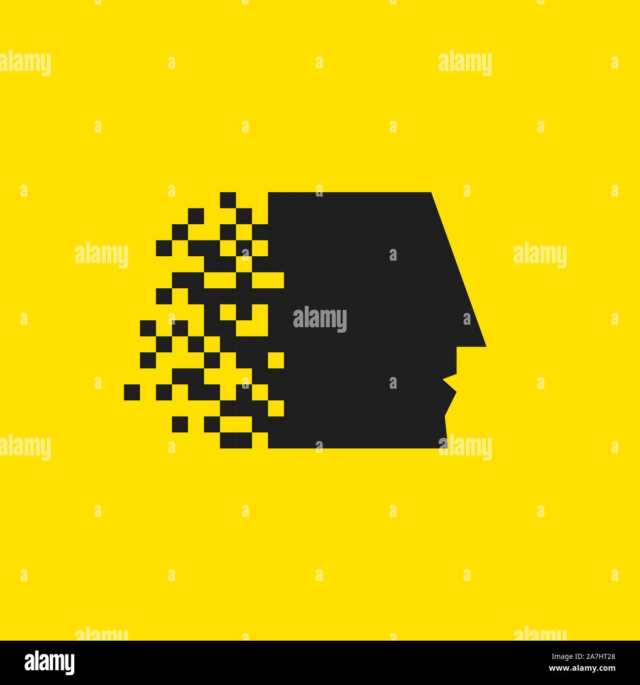 Head with pixel logo, human digital brain icon, black vector mind sign ...