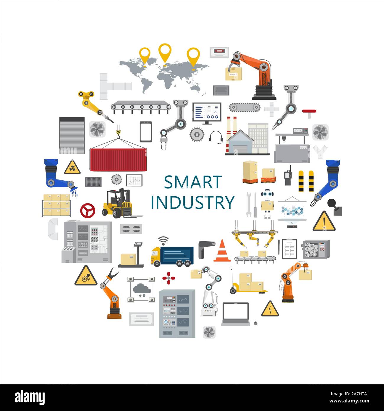Smart industry concept with factory and warehouse equipments flat design vector illustration Stock Vector