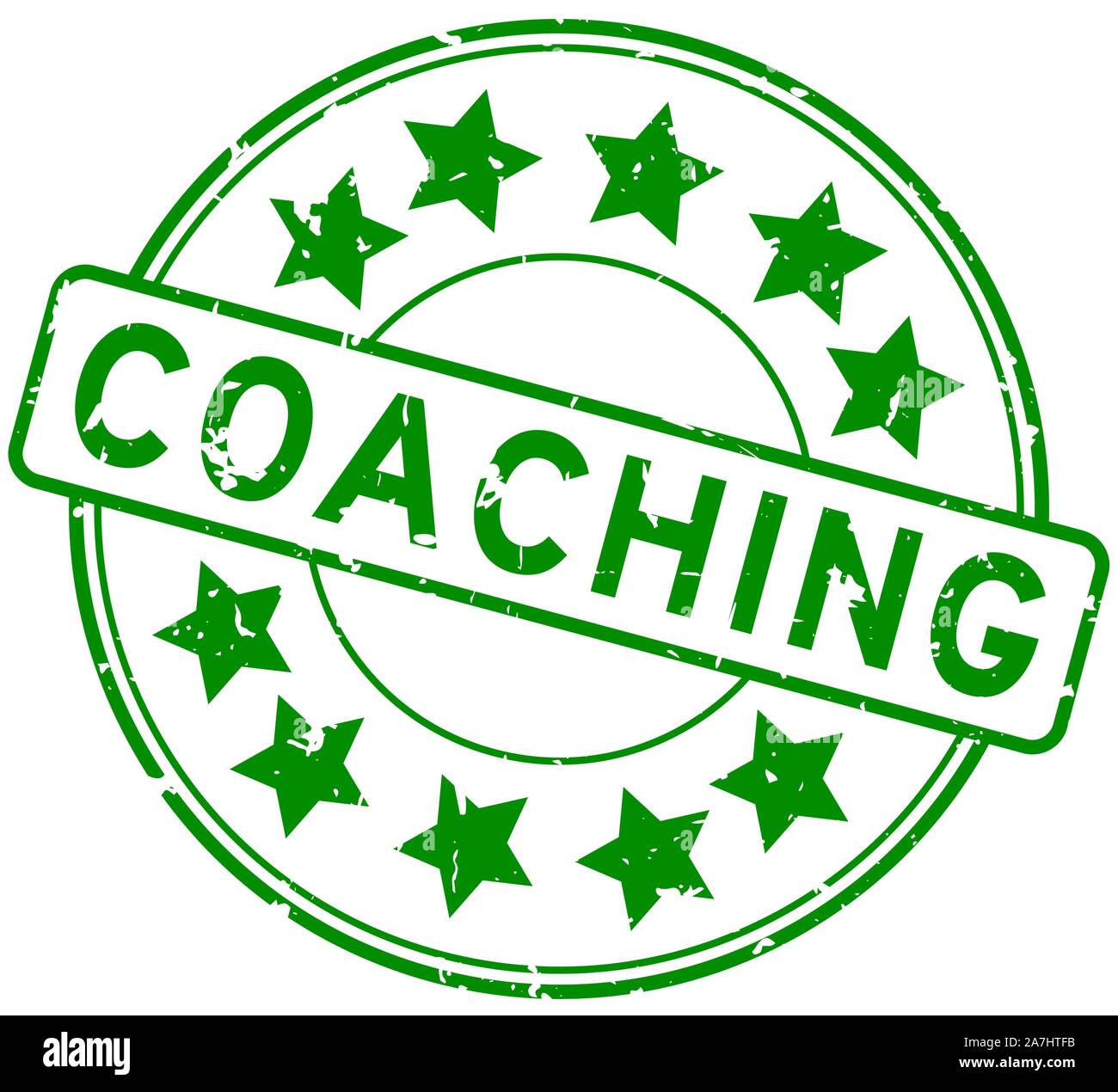 Grunge green coaching word with star icon round rubber seal stamp on white background Stock Vector