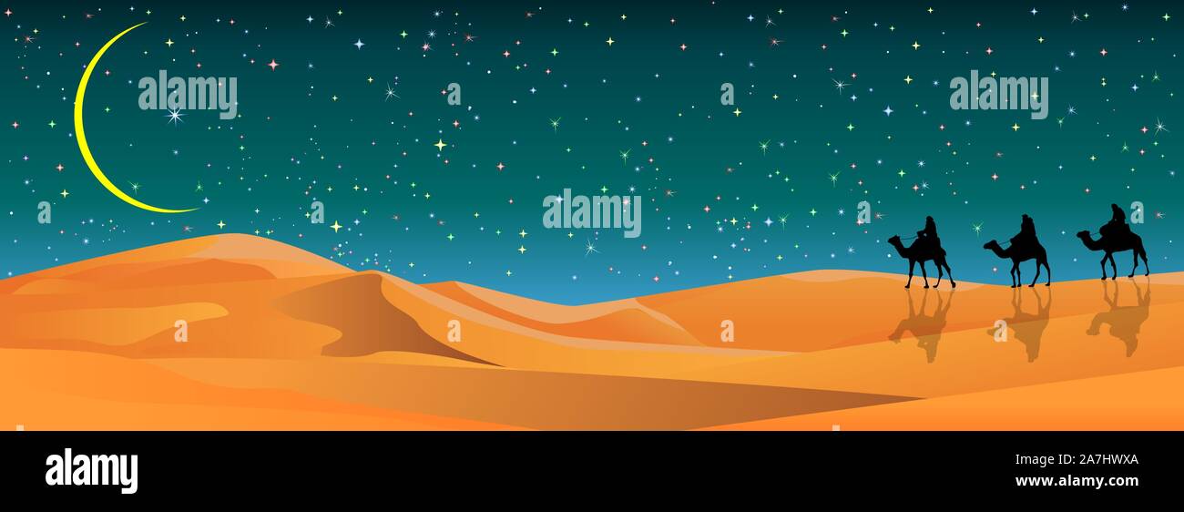 Camel riders in the sand desert. Caravan on the background of the night starry sky. Sandy desert, landscape. Stars, the moon. Stock Vector
