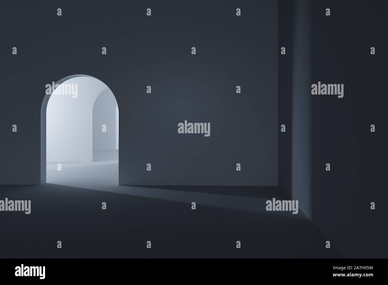 Dark room with a glowing and bright door, 3d rendering. Computer ...