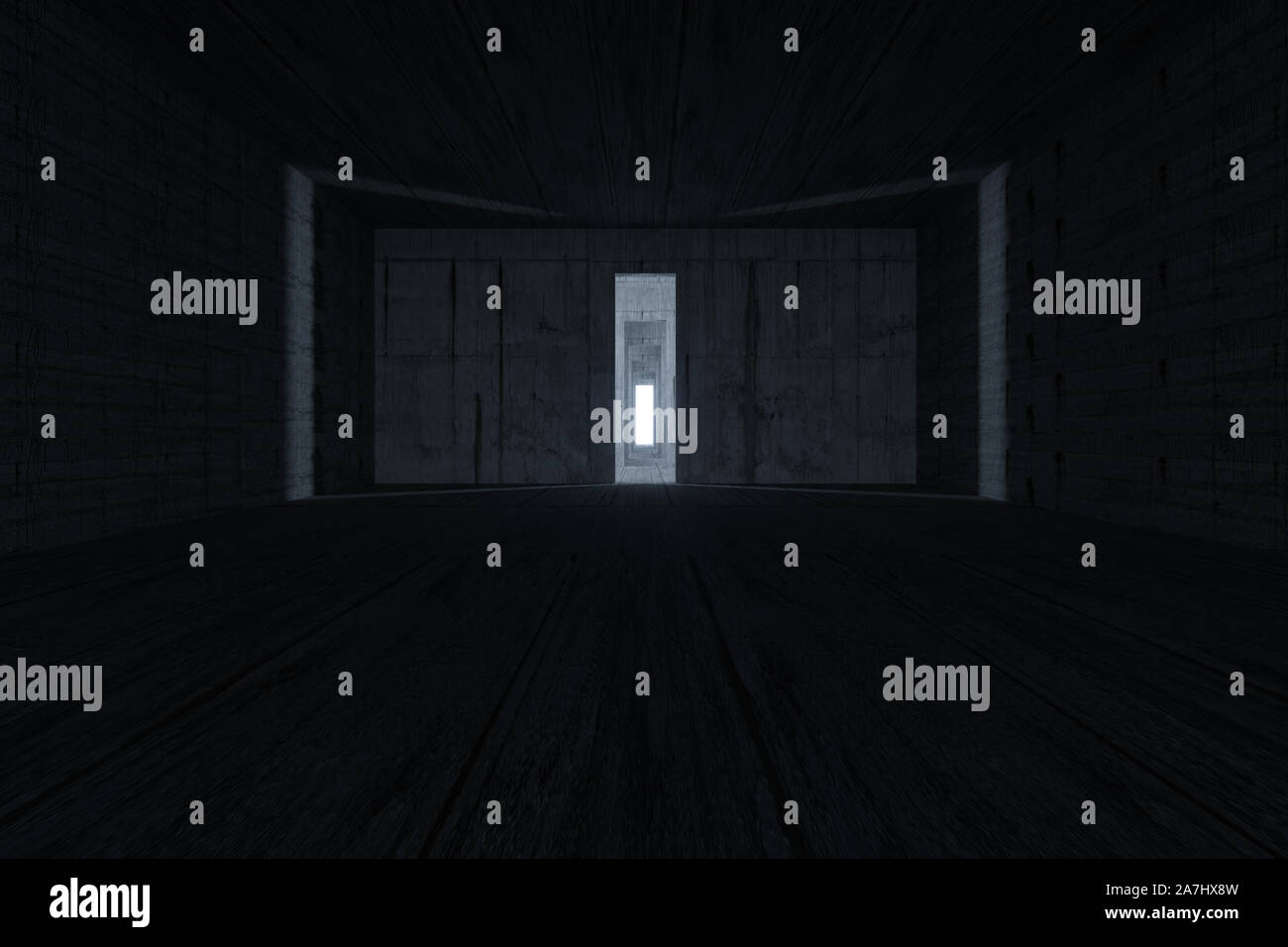 Dark room with a glowing and bright door, 3d rendering. Computer ...