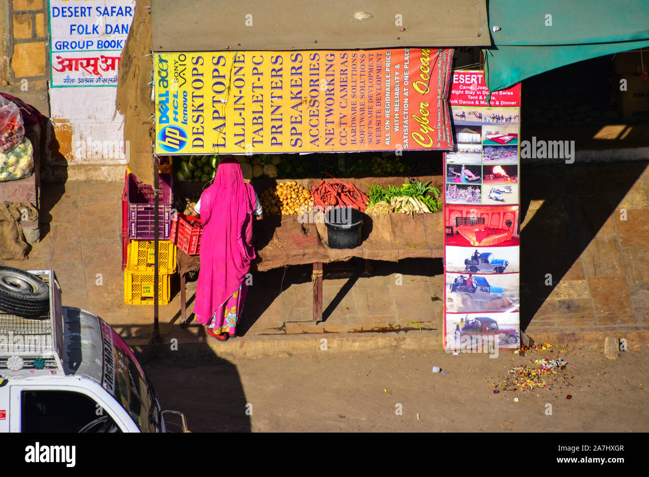 Pink Saree, Indian Market Stall, Jaisalmer, Rajasthan, India Stock Photo