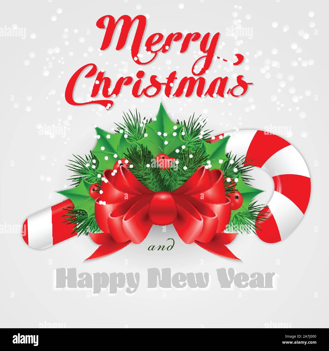 Christmas candy cane with holly and red bow. Vector illustration Stock ...