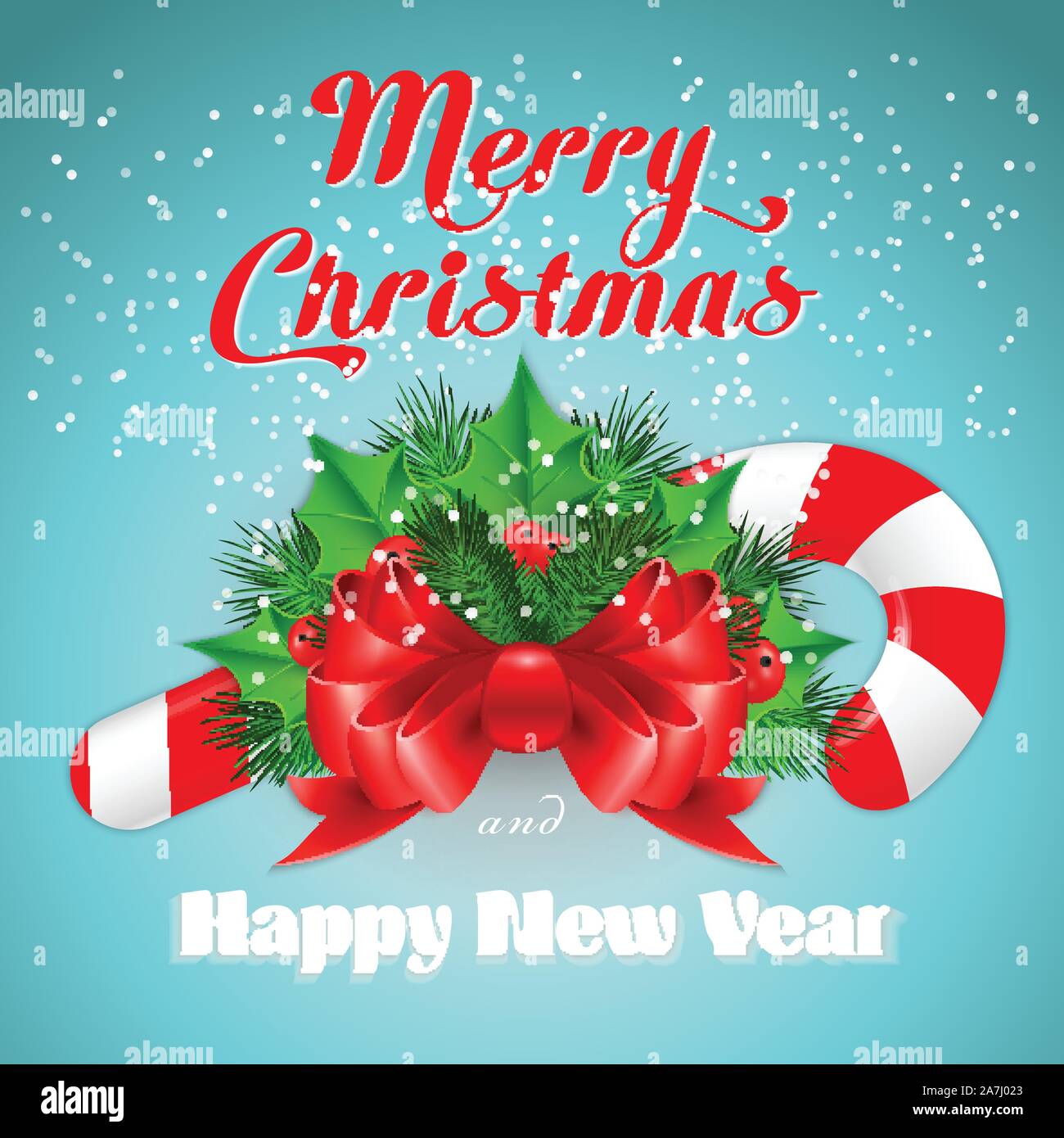 Christmas candy cane with holly and red bow. Vector illustration Stock ...