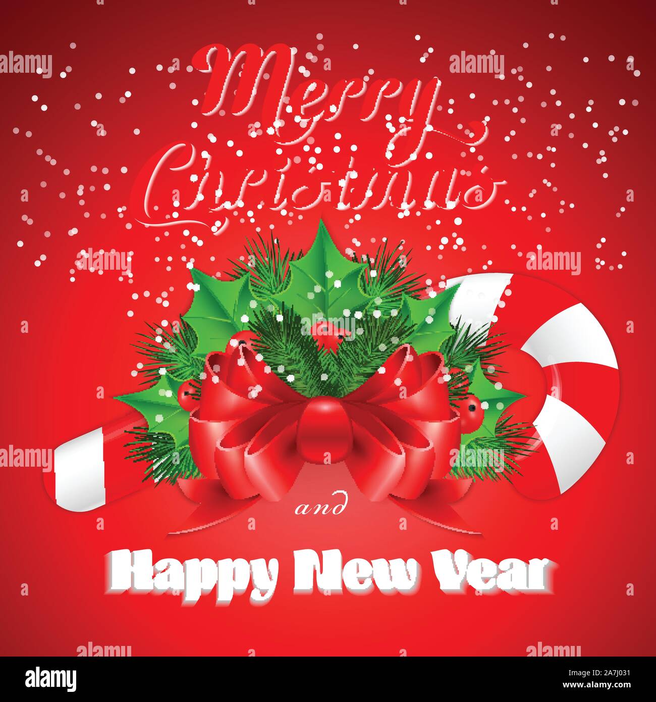 Christmas candy cane with holly and red bow. Vector illustration Stock ...