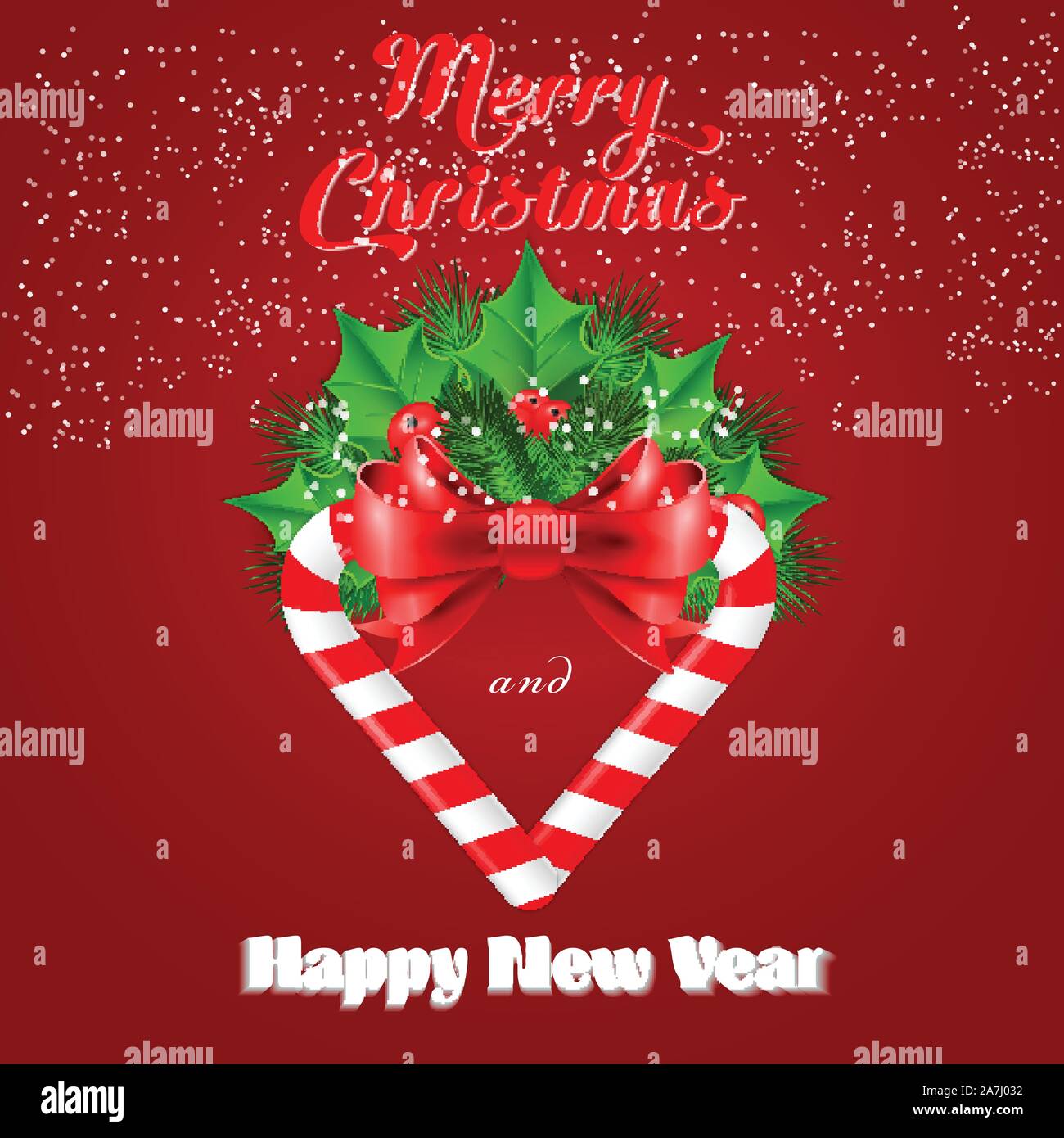 Christmas candy cane with holly and red bow. Vector illustration Stock ...