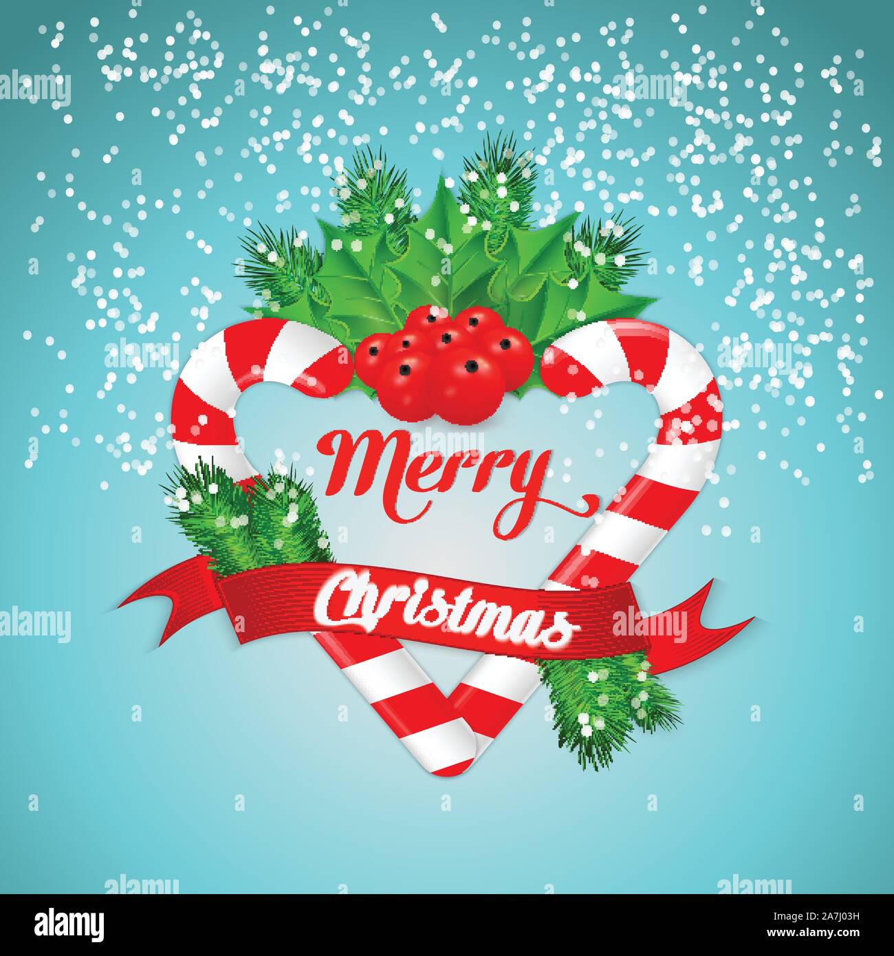 Christmas candy cane with holly and red ribbon. Vector illustration Stock Vector