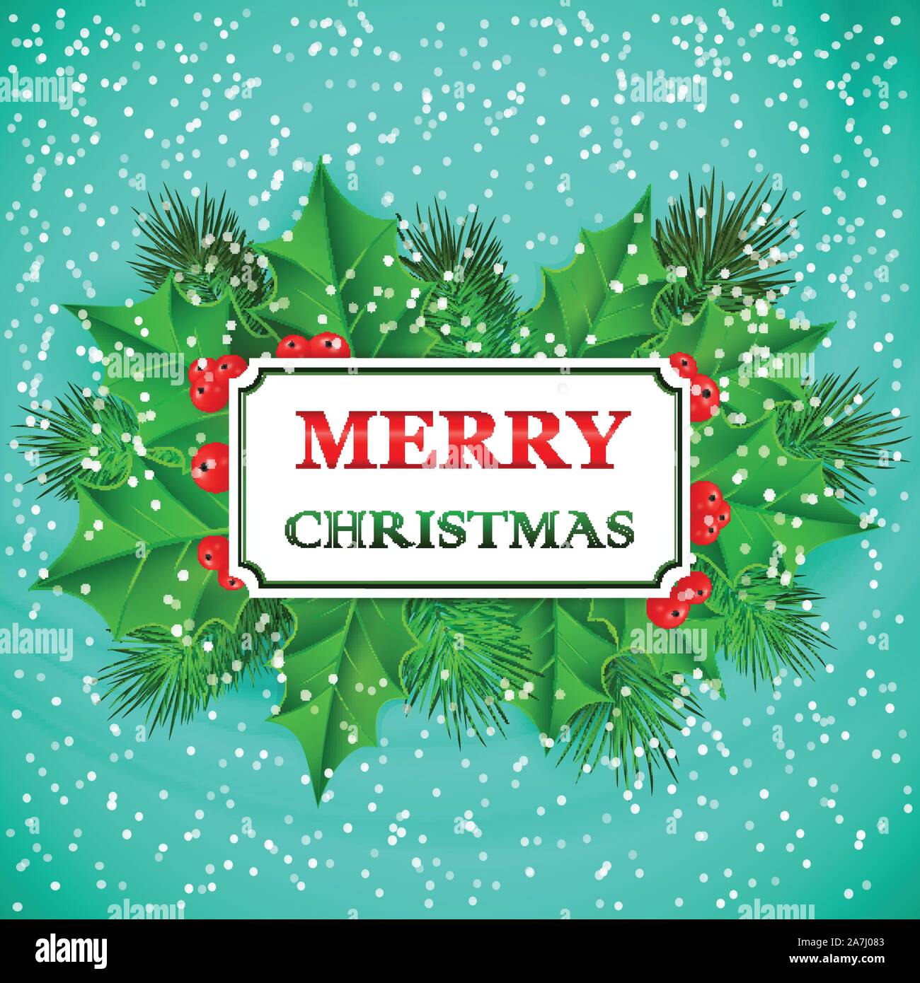 Merry Christmas Card design with holly and fir branches. Vector ...