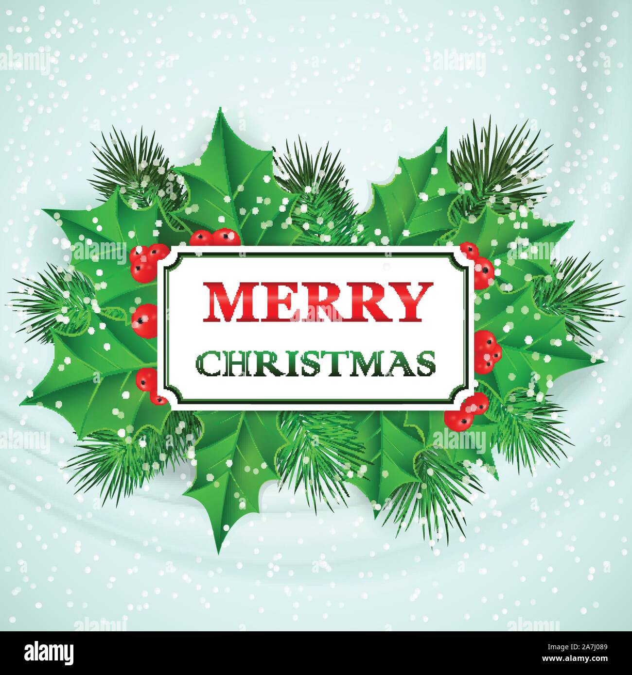 Merry Christmas Card design with holly and fir branches. Vector ...