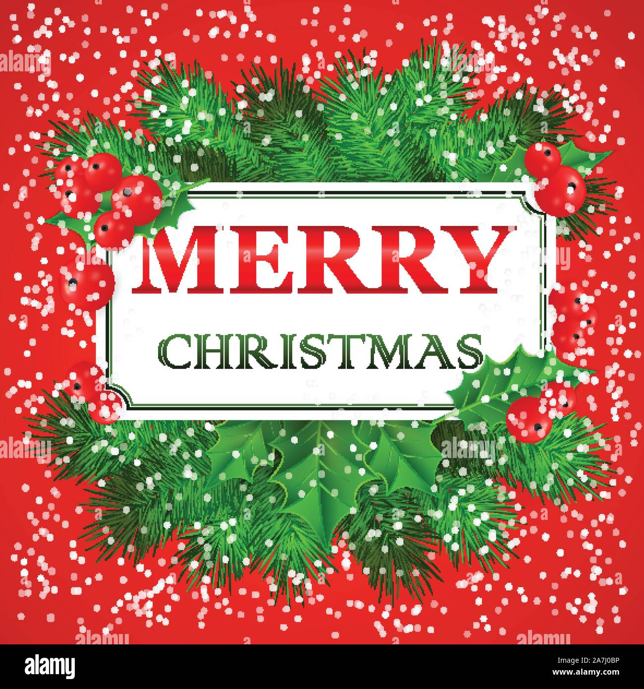 Merry Christmas Card design with holly and fir branches. Vector ...