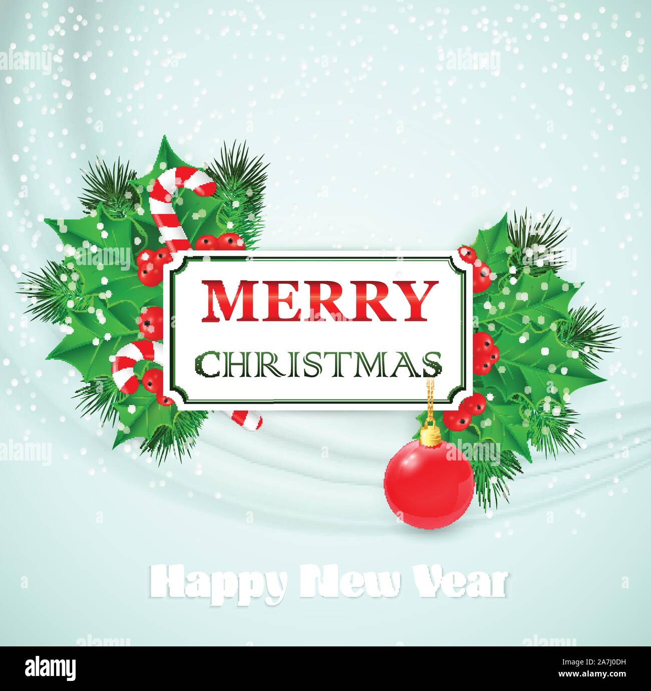 Merry Christmas Card design with holly and fir branches. Vector ...