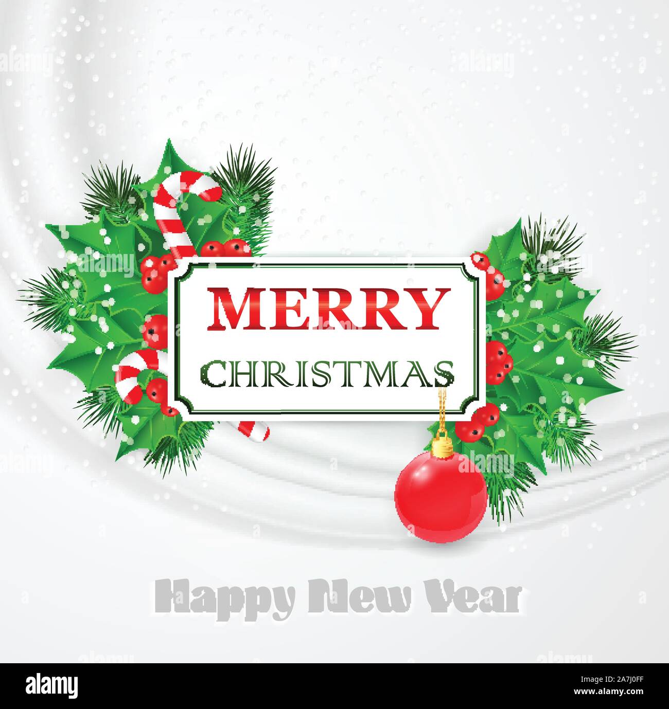 Merry Christmas Card design with holly and fir branches. Vector ...