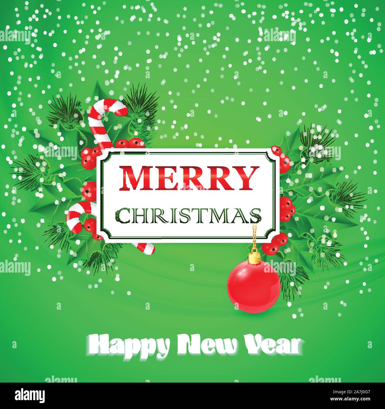 Merry Christmas Card design with holly and fir branches. Vector ...