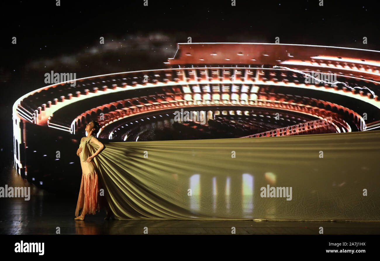 Rome, Italy. 1st Nov, 2019. An artist from China's Gansu Provincial Opera and Dance Drama Theater performs during a cultural exchange event, themed 'Meeting Across Millennia: Cultural Interactions Along the Enchanting Silk Road', in Rome, Italy, Nov. 1, 2019. A cultural exchange activity featuring the culture of Silk Road started on Friday in the Italian capital Rome with an artistic performance. Credit: Cheng Tingting/Xinhua/Alamy Live News Stock Photo