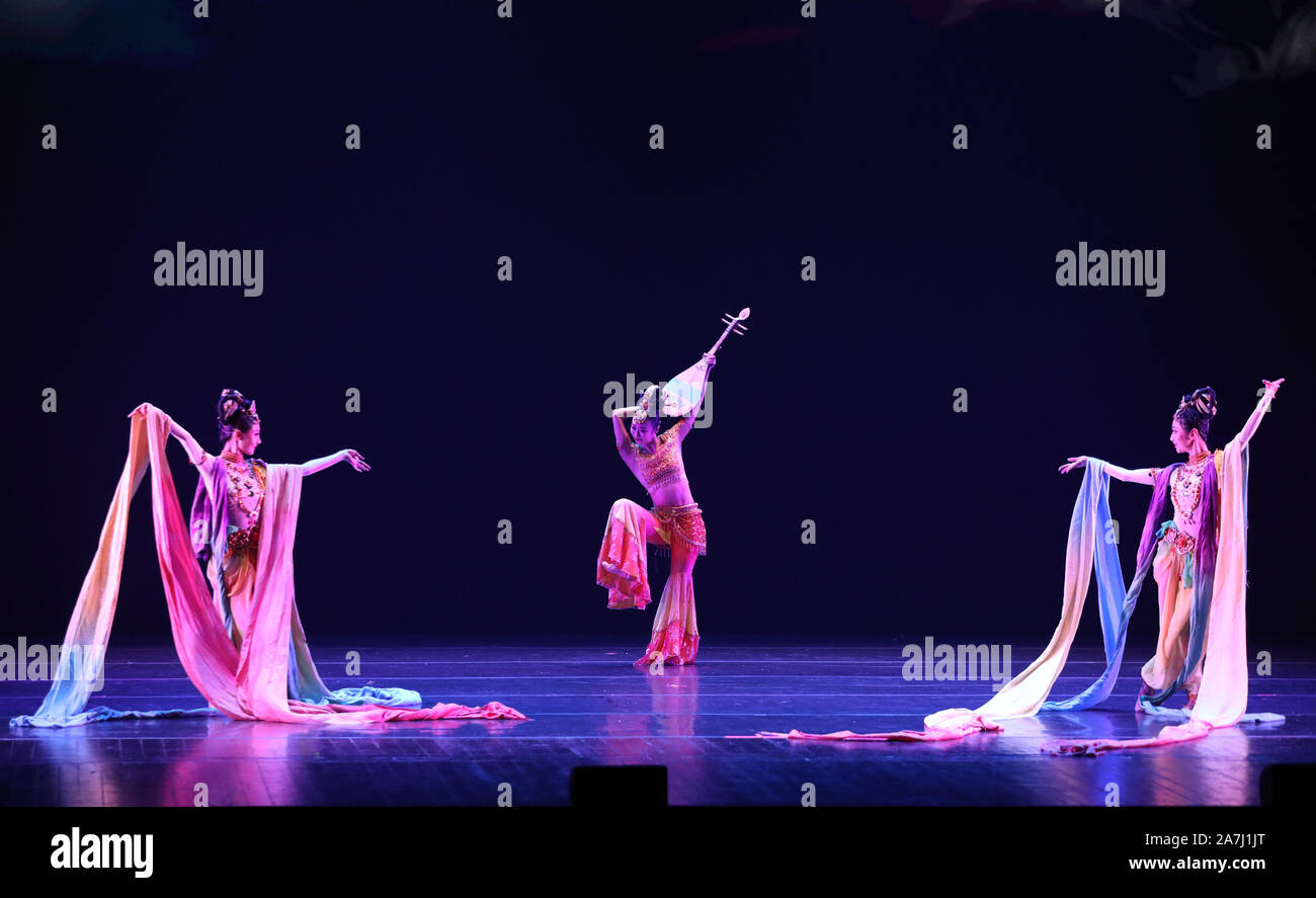 Rome, Italy. 1st Nov, 2019. Artists from China's Gansu Provincial Opera and Dance Drama Theater perform during a cultural exchange event, themed 'Meeting Across Millennia: Cultural Interactions Along the Enchanting Silk Road', in Rome, Italy, Nov. 1, 2019. A cultural exchange activity featuring the culture of Silk Road started on Friday in the Italian capital Rome with an artistic performance. Credit: Cheng Tingting/Xinhua/Alamy Live News Stock Photo