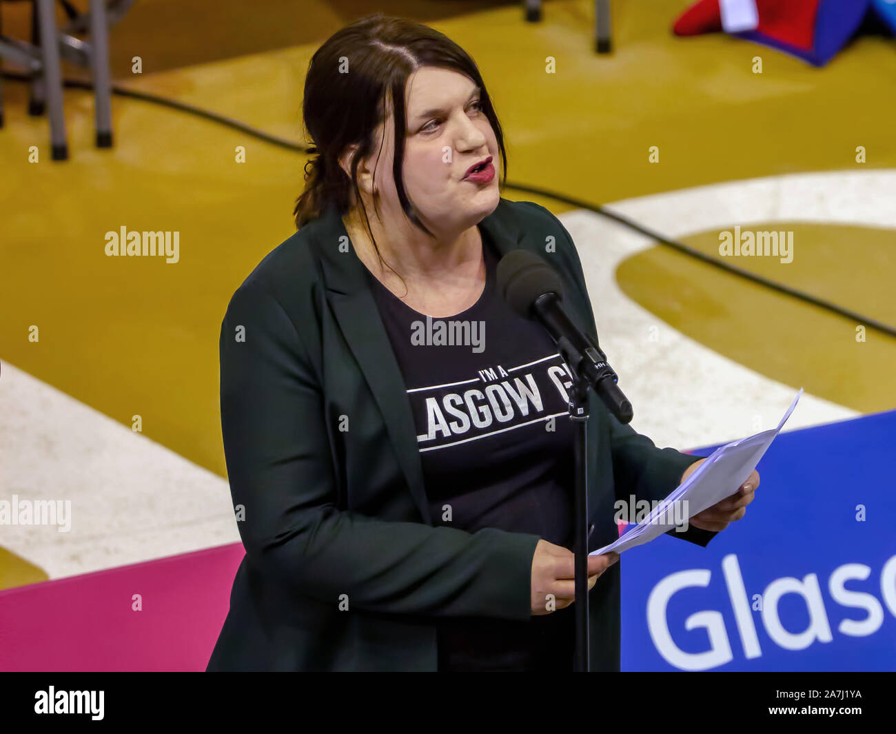 Glasgow, Scotland, UK. 1st March, 2019. Leader of Glasgow City Council, Councillor Susan Aitken, speaking at the opening of the Glasgow 2019 European Athletics Indoor Championships, at the Emirates Arena. Iain McGuinness / Alamy Live News Stock Photo