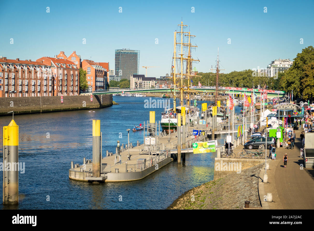 View to famous sailer 'Alexander von Humboldt' using as a restaurant on Weser promenade Schlachte Stock Photo