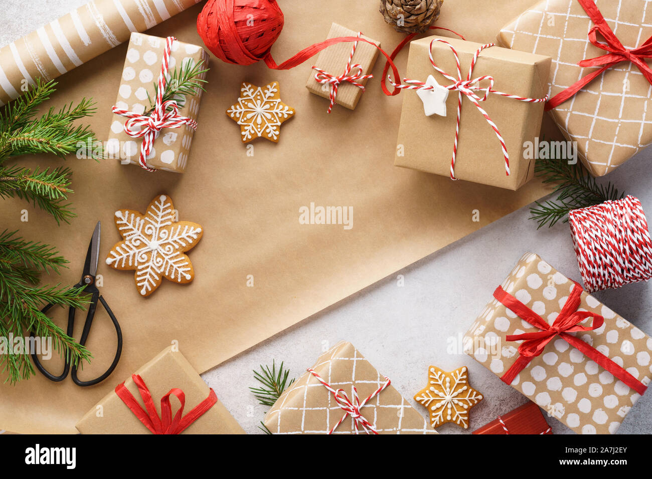 Christmas gift wrapping background, copy space. present box