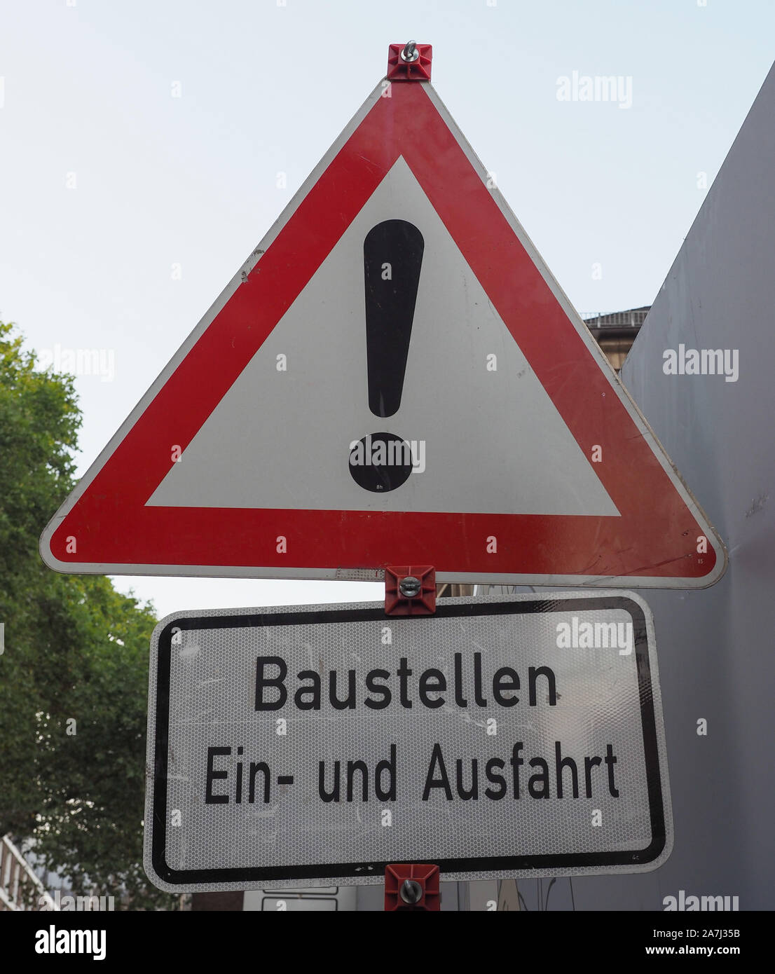 Baustellen Einfahrt und Ausfahrt (meaning Construction sites in and out) sign Stock Photo
