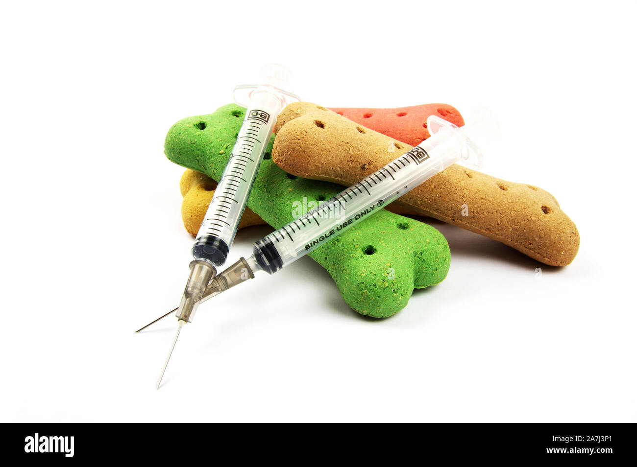 pet medical syringes and dog treat bones on a white background Stock Photo