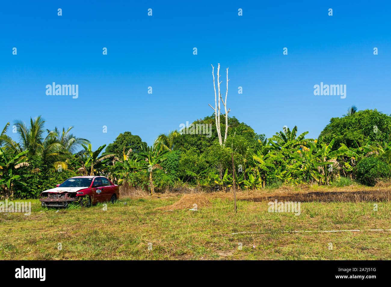 An old car left abandoned on an empty field Stock Photo