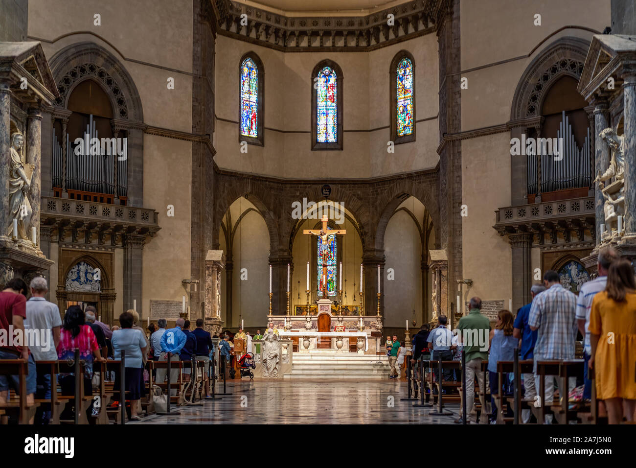 Florence, Italy - August 26, 2018: Morning mass service in Il Duomo, Cattedrale di Santa Maria del Fiore, Stock Photo