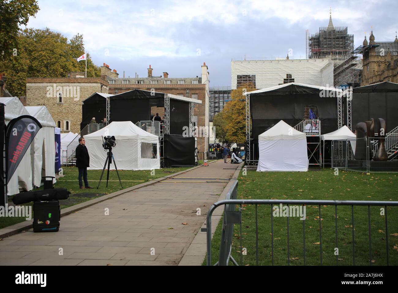 29 October 2019 London: Reporting on Brexit, a media village has sprung up outside the Houses of Parliament, London, UK Stock Photo