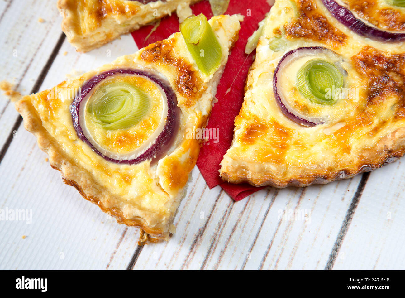 Vegetarian cheese and leek quiche. Stock Photo